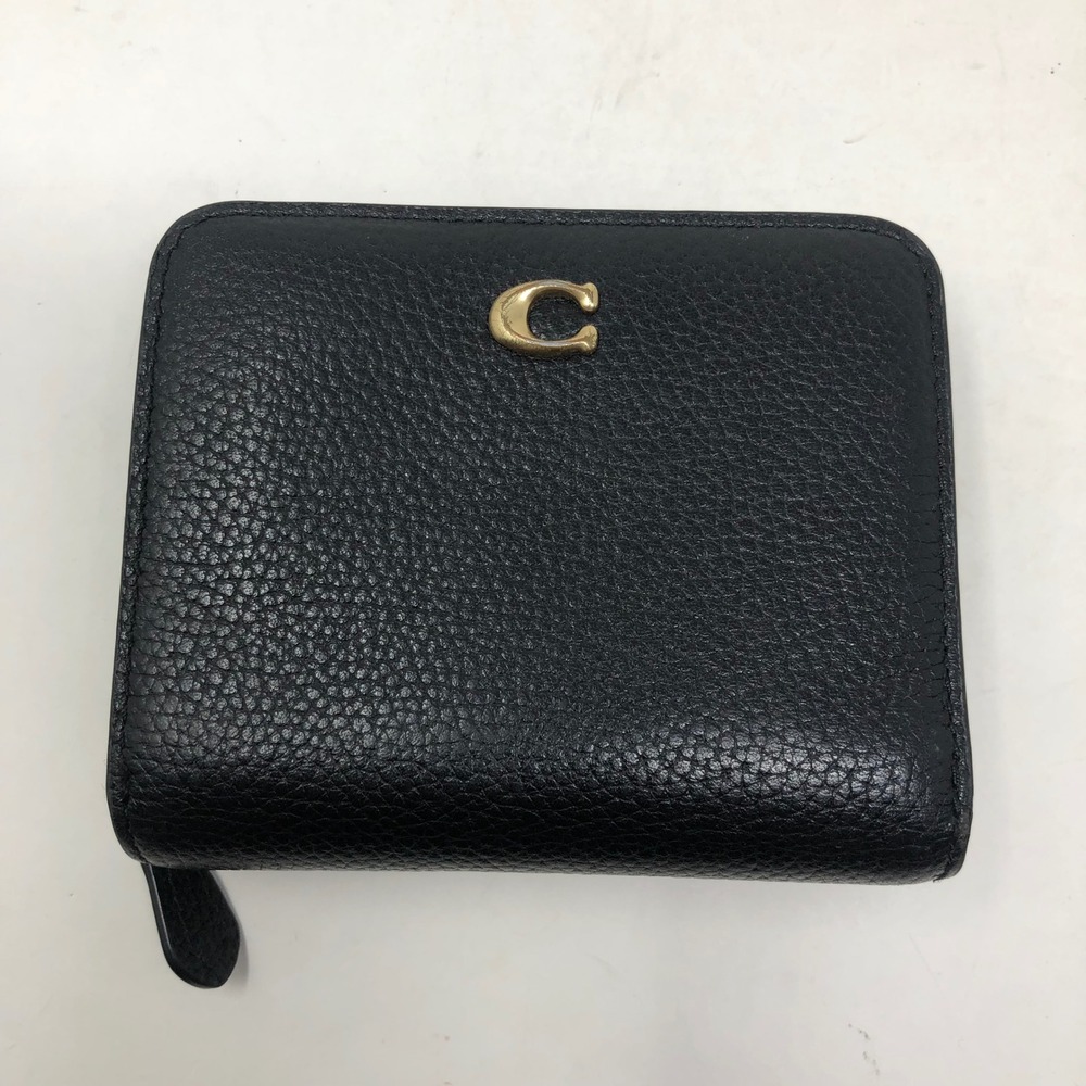 Coach Essential Billfold Wallet Black Pebble Leather Gold C Logo